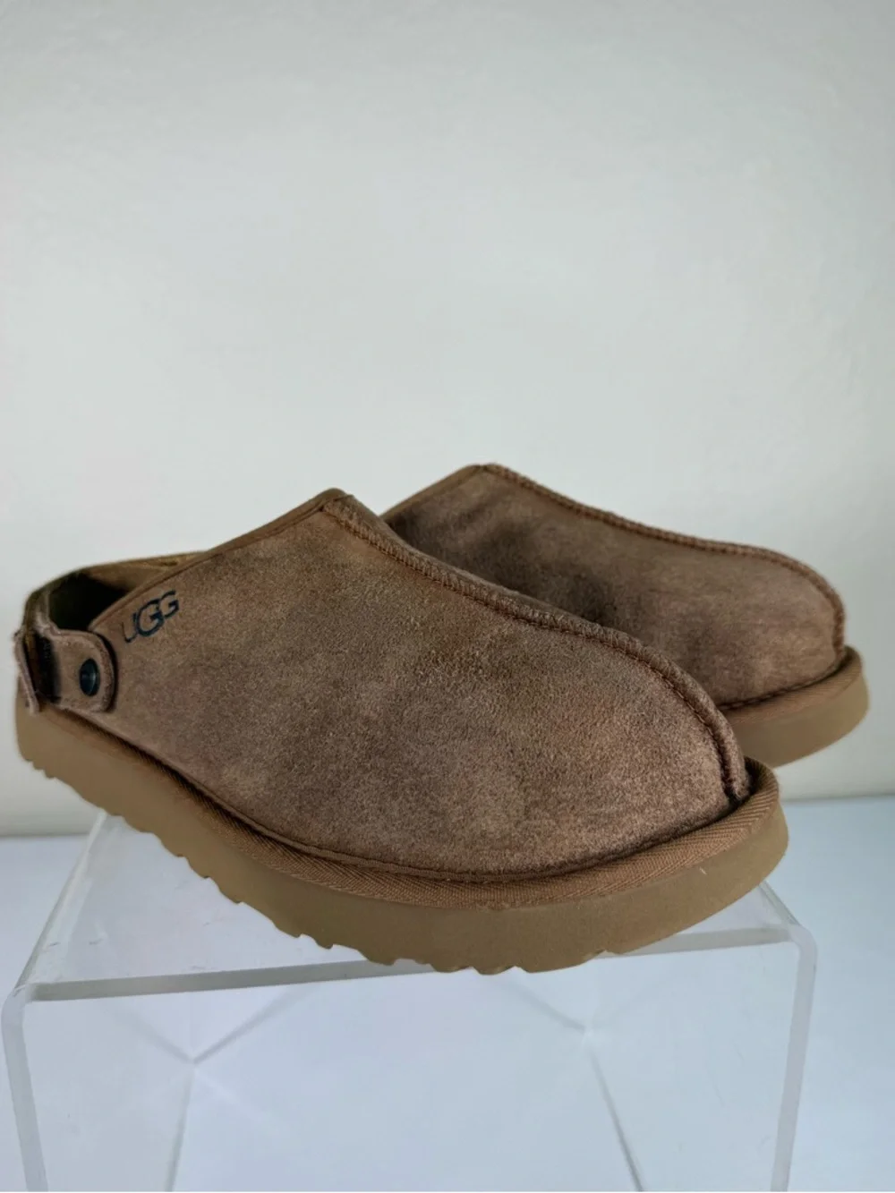 UGG Lanah Chestnut Suede Leather Platform Clogs Mules Fur Lined Slippers Size 9 - Picture 3 of 13